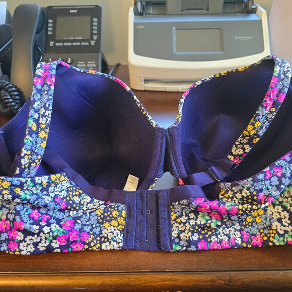 Cacique 44DD Lightly Lined Full Coverage Bra Underwire Navy Pink Yellow Flower - Picture 6 of 12